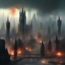 A medieval-looking city with buildings so close together that they resemble a collection of spears, engulfed in flames