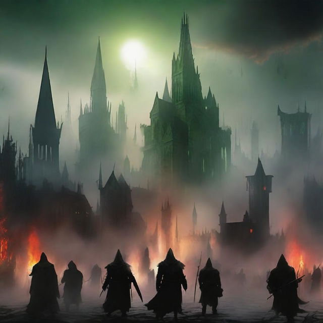 A medieval-looking city with buildings so close together that they resemble a collection of spears, engulfed in flames