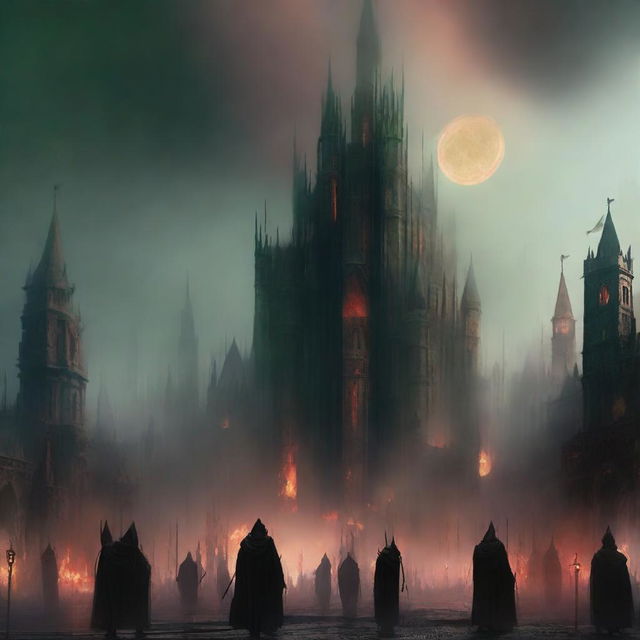 A medieval-looking city with buildings so close together that they resemble a collection of spears, engulfed in flames