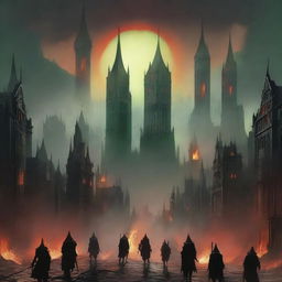 A medieval-looking city with buildings so close together that they resemble a collection of spears, engulfed in flames