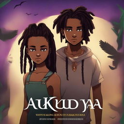 Create a dark fantasy book cover titled 'Akudaya' featuring an African American teen boy with a temp fade haircut and a teen African girl with dreads