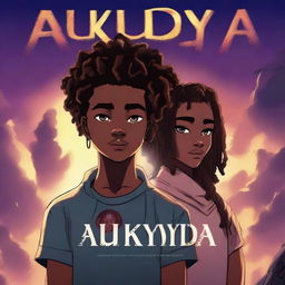 Create a dark fantasy book cover titled 'Akudaya' featuring an African American teen boy with a temp fade haircut and a teen African girl with dreads