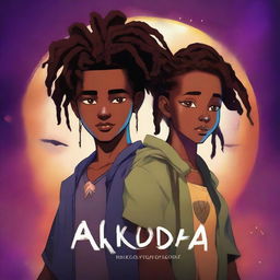 Create a dark fantasy book cover titled 'Akudaya' featuring an African American teen boy with a temp fade haircut and a teen African girl with dreads