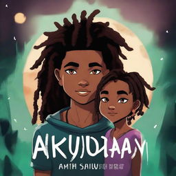 Create a dark fantasy book cover titled 'Akudaya' featuring an African American teen boy with a temp fade haircut and a teen African girl with dreads