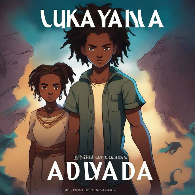 Create a dark fantasy book cover titled 'Akudaya' featuring an African American teen boy with a temp fade haircut and a teen African girl with dreads