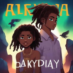 Create a dark fantasy book cover titled 'Akudaya' featuring an African American teen boy with a temp fade haircut and a teen African girl with dreads