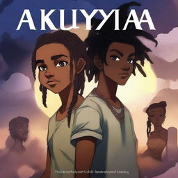 Create a dark fantasy book cover titled 'Akudaya' featuring an African American teen boy with a temp fade haircut and a teen African girl with dreads