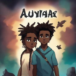 Create a dark fantasy book cover titled 'Akudaya' featuring an African American teen boy with a temp fade haircut and a teen African girl with dreads