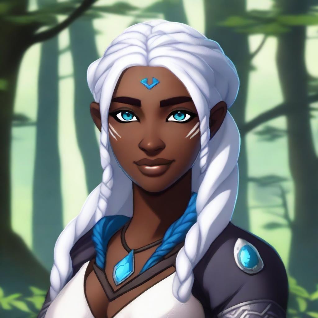 A female earth genasi with dark skin, white braided hair, and blue eyes