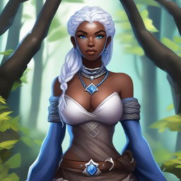 A female earth genasi with dark skin, white braided hair, and blue eyes