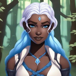 A female earth genasi with dark skin, white braided hair, and blue eyes