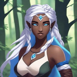 A female earth genasi with dark skin, white braided hair, and blue eyes