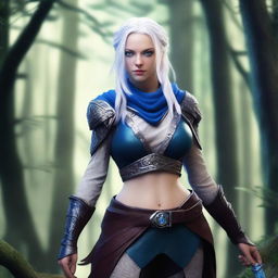 A female Earth Genasi with dark, stone-like skin, white braided hair, and blue eyes