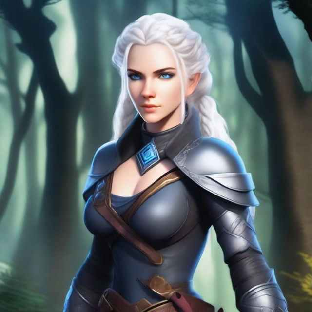 A female Earth Genasi with dark, stone-like skin, white braided hair, and blue eyes