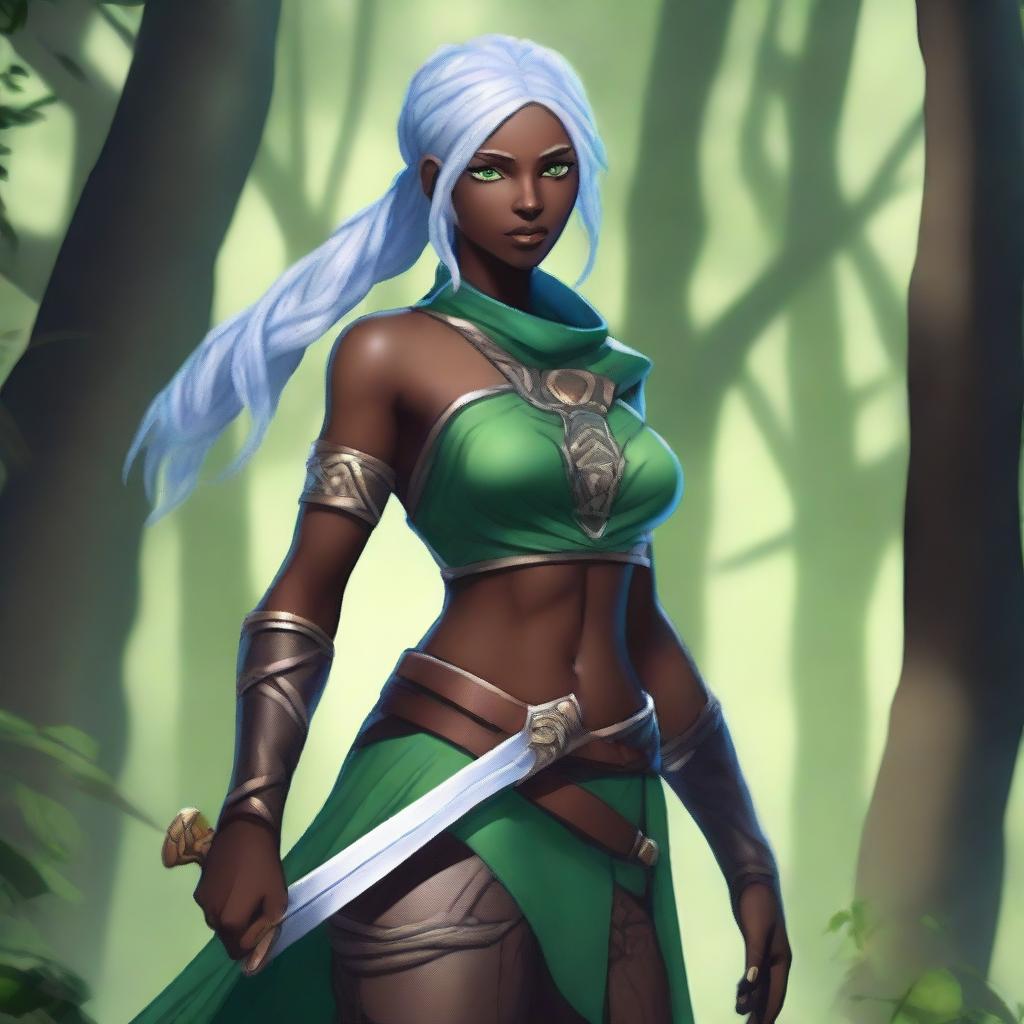 A female earth genasi with dark skin featuring green veins, white braided hair, and blue eyes