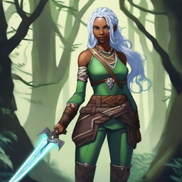 A female earth genasi with dark skin featuring green veins, white braided hair, and blue eyes