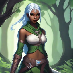 A female earth genasi with dark skin featuring green veins, white braided hair, and blue eyes