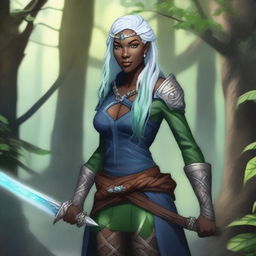 A female earth genasi with dark skin featuring green veins, white braided hair, and blue eyes