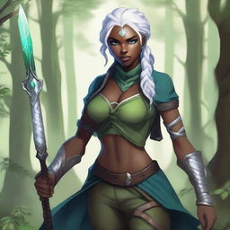 A female earth genasi with dark skin featuring green veins, white braided hair, and blue eyes