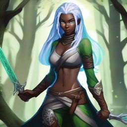 A female earth genasi with dark skin featuring green veins, white braided hair, and blue eyes