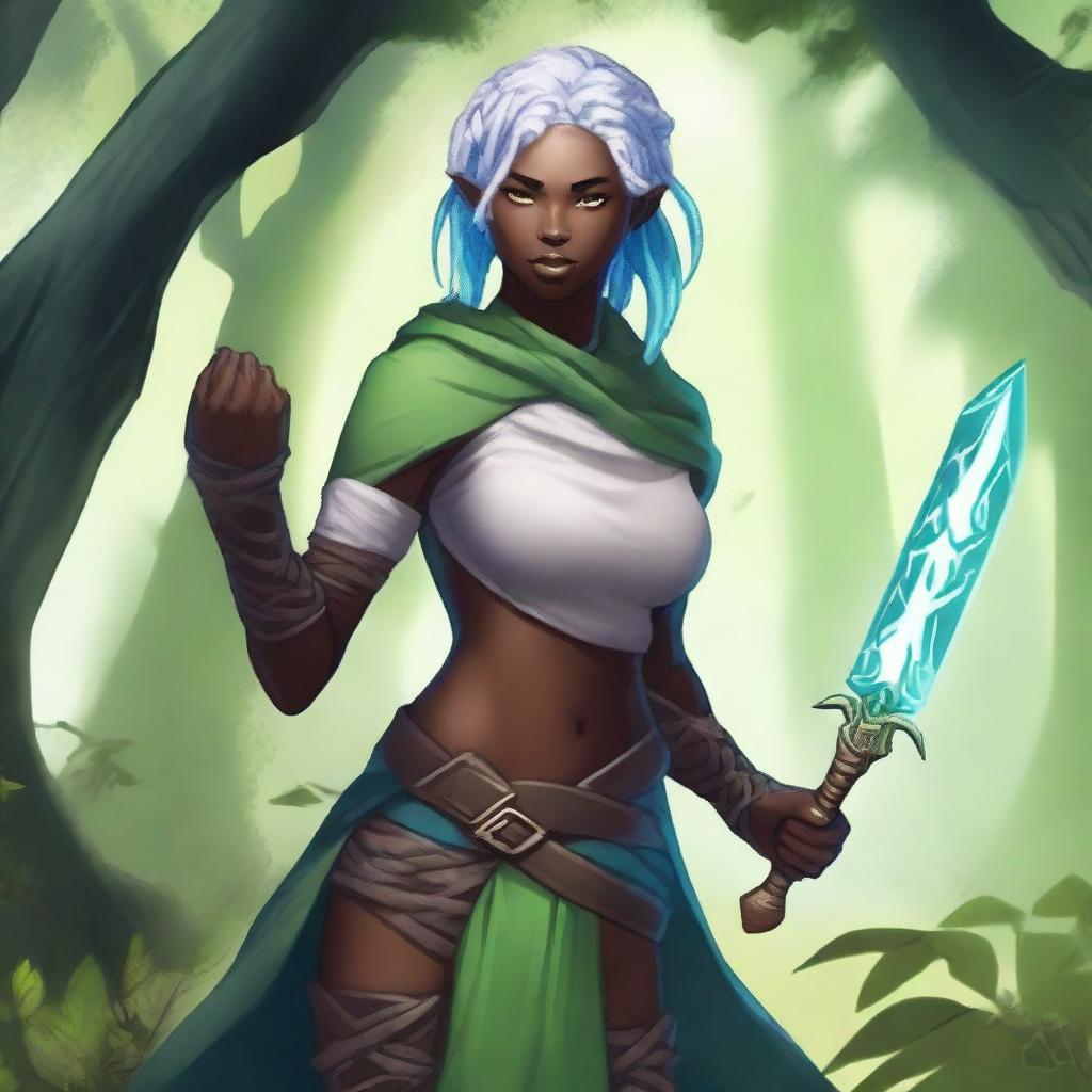 A female earth genasi with dark skin featuring green veins, white braided hair, and blue eyes