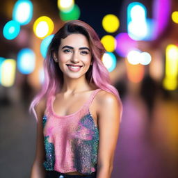 A beautiful transgender girl with a confident and stylish look, standing in a vibrant urban setting