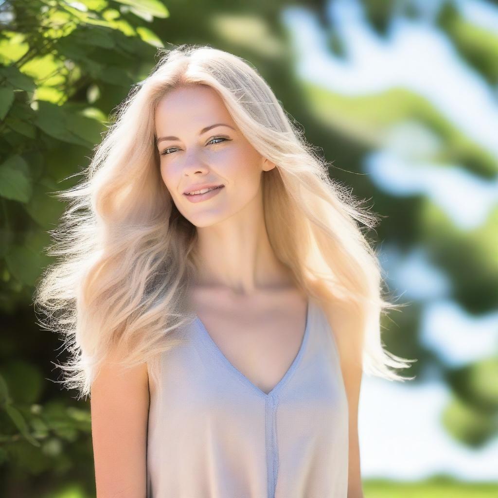 A beautiful blonde woman with flowing hair, standing in a serene outdoor setting with a gentle breeze