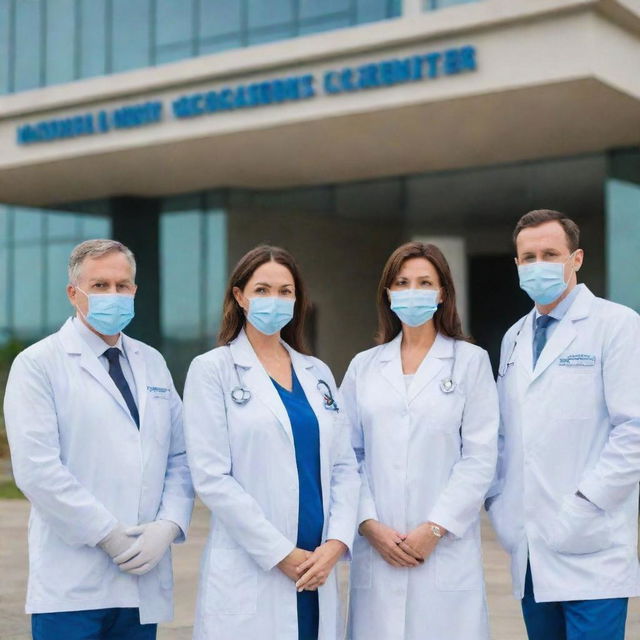 Four professional doctors standing in front of a modern vascular access medical center, pleasantly waiting to greet incoming patients