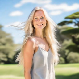 A beautiful blonde woman with flowing hair, standing in a serene outdoor setting with a gentle breeze