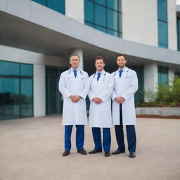 Four professional doctors standing in front of a modern vascular access medical center, pleasantly waiting to greet incoming patients