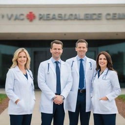 Four professional doctors standing in front of a modern vascular access medical center, pleasantly waiting to greet incoming patients