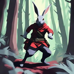 A rouge rabbit assassin in a dense forest