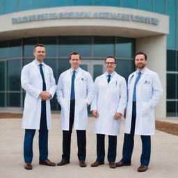 Four professional doctors standing in front of a modern vascular access medical center, pleasantly waiting to greet incoming patients