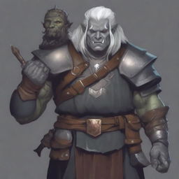 A detailed illustration of an armorer artificer half-orc with grey skin and white hair