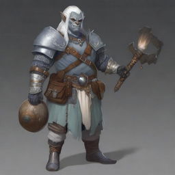 A detailed illustration of an armorer artificer half-orc with grey skin and white hair