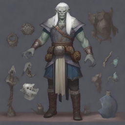 A detailed illustration of an armorer artificer half-orc with grey skin and white hair