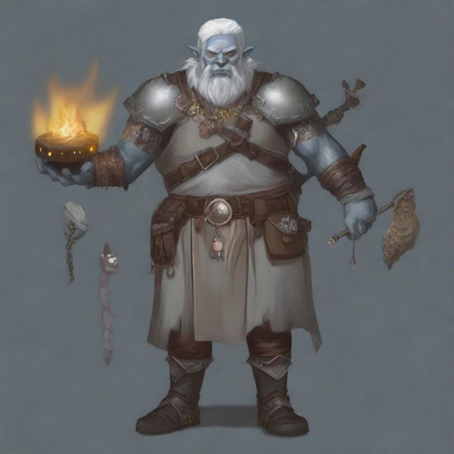 A detailed illustration of an armorer artificer half-orc with grey skin and white hair