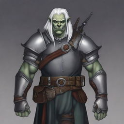 A detailed image of an armorer artificer half-orc with grey skin and white hair