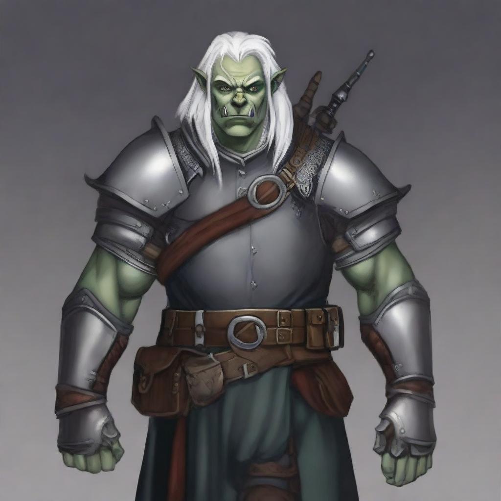 A detailed image of an armorer artificer half-orc with grey skin and white hair