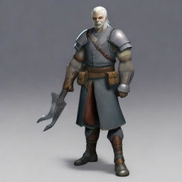 A detailed image of an armorer artificer half-orc with grey skin and white hair