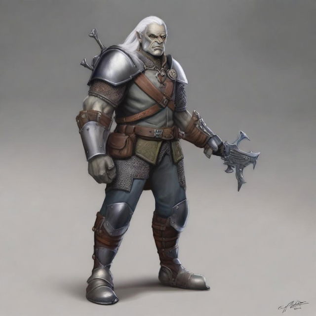 A detailed image of an armorer artificer half-orc with grey skin and white hair