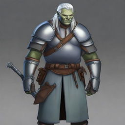 A detailed image of an armorer artificer half-orc with grey skin and white hair