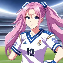 An anime character with long pink hair, divided into two ponytails, wearing a Real Madrid football uniform