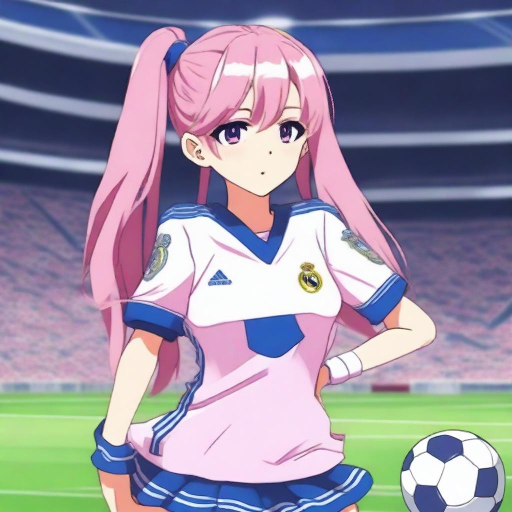 An anime character with long pink hair, divided into two ponytails, wearing a Real Madrid football uniform