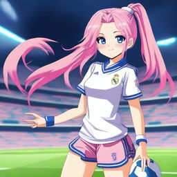 An anime character with long pink hair, divided into two ponytails, wearing a Real Madrid football uniform