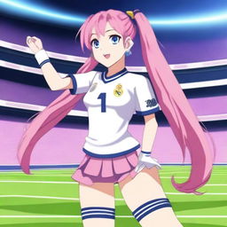 An anime character with long pink hair, divided into two ponytails, wearing a Real Madrid football uniform