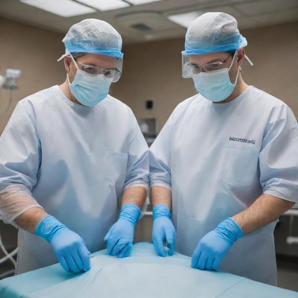 Two vascular surgeons, fully dressed in sterile surgical attire, in a state-of-the-art operating room, meticulously creating an arteriovenous fistula for a hemodialysis patient.