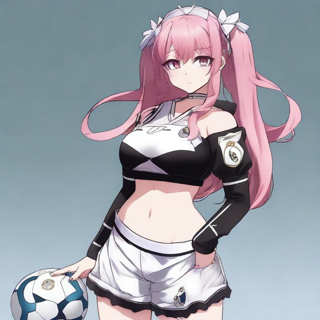 A detailed anime-style character of Krul Tepes wearing a Real Madrid football uniform, including a jersey and shorts