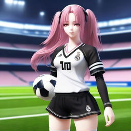 A realistic depiction of anime character Krul Tepes wearing a Real Madrid football uniform, including the shirt and shorts