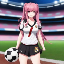 A realistic depiction of anime character Krul Tepes wearing a Real Madrid football uniform, including the shirt and shorts